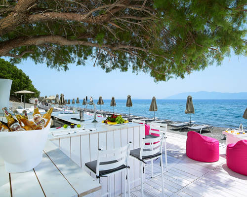 Beach bar, sunbeds and the beach